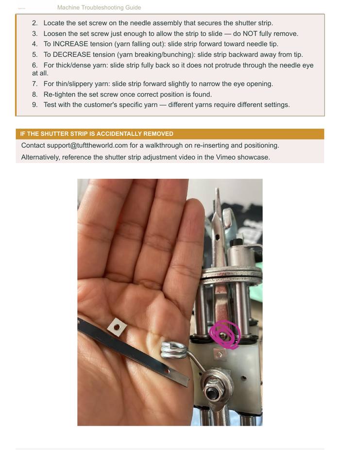 Shutter strip and its set screw — the small metal strip that controls yarn tension through the needle eye